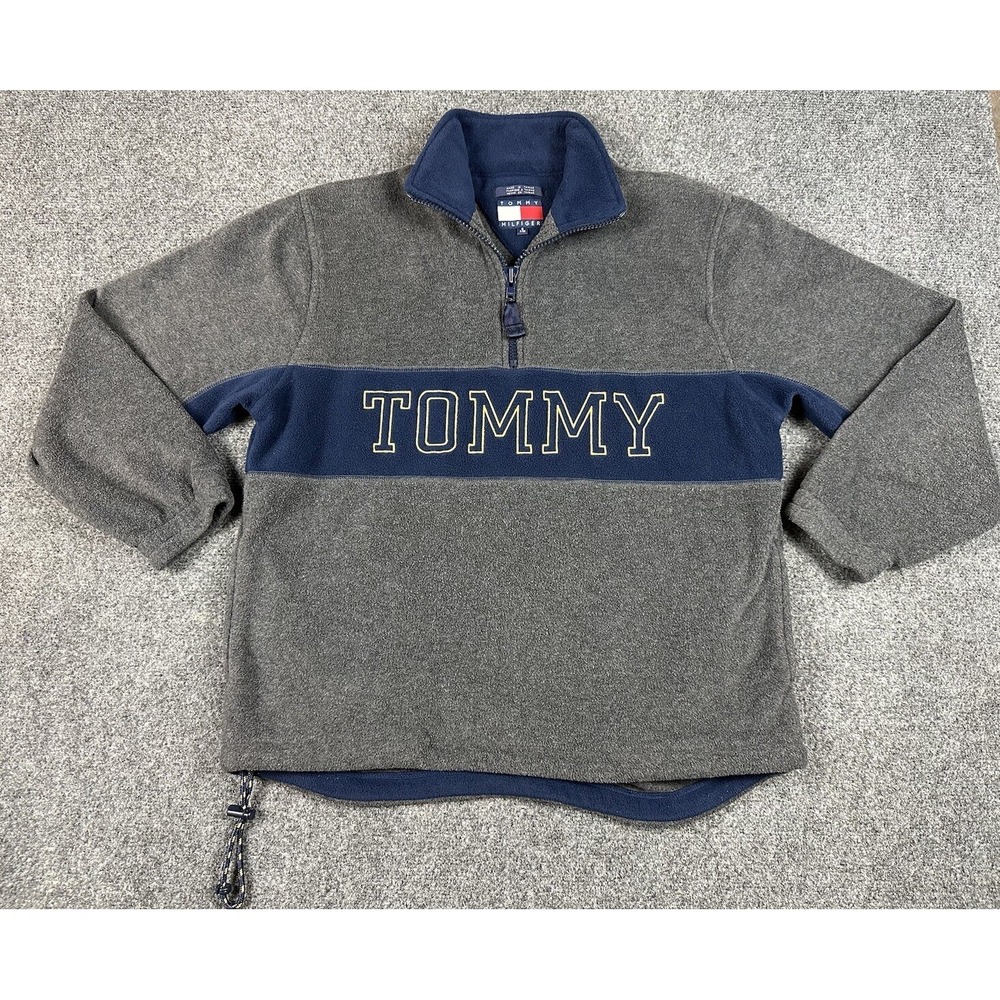 Vtg Tommy Hilfiger Fleece 1/4 Zip Pullover Sweater Double Side Y2K Retro Graphic